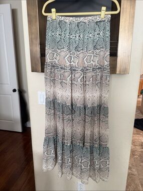 Boho Snake Print Maxi Skirt in Soft Teal and Taupe